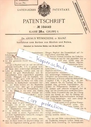Original Patent - Dr. Arthur Weinschenk in Mainz , 1905 , Gerben von Häuten und Fällen !!!
