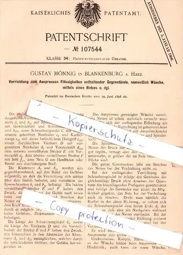 Original Patent - G. Mönnig in Blankenburg a. Harz , 1898 , Hauswirtschaftliche Geräthe !!!