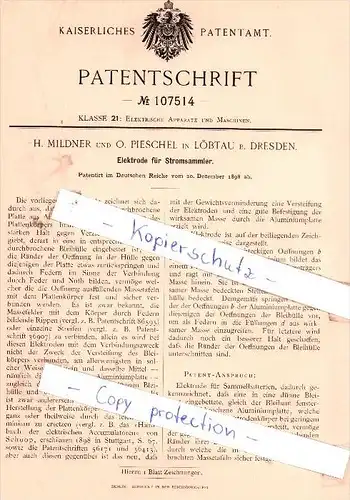 Original Patent - H. Mildner und O. Pieschel in Löbtau b. Dresden , 1898 , Stromsammler !!!