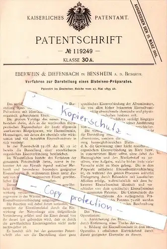 Original Patent - Eberwein & Diefenbach in Bensheim a. d. Bergstr. , 1899 , Bluteisen-Präparate !!!