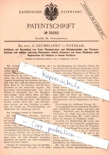 Original Patent - Dr. phil. G. Deumelandt in Potsdam , 1885 , Darstellung von Phosphorsäure !!!