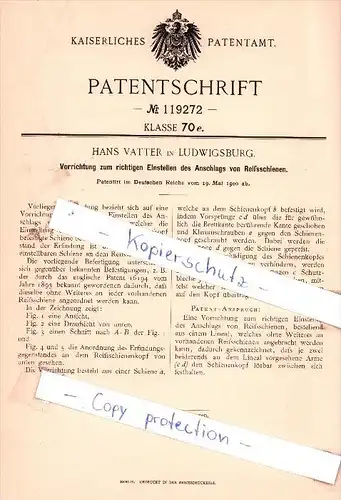 Original Patent - H. Vatter in Ludwigsburg , 1900 , Einstellen des Anschlags von Reißschienen !!!