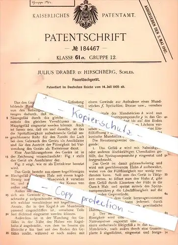 Original Patent - Julius Draber in Hirschberg, Schles. , 1905 , Feuerlöschgerät , Jelenia Góra !!!