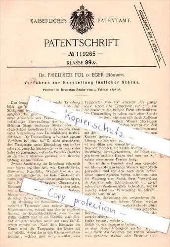 Original Patent - Dr. Friedrich Fol in Eger / Cheb , Böhmen , 1898 , Herstellung löslicher Stärke !!!