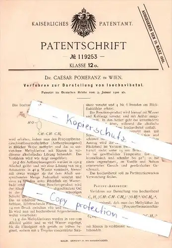 Original Patent - Dr. Caesar Pomeranz in Wien , 1900 , Darstellung von Isochavibetol !!!