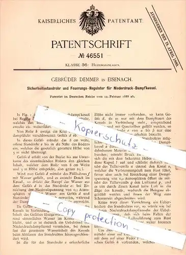 Original Patent - Gebrüder Demmer in Eisenach , 1888 , Sicherheitsstandrohr  !!!