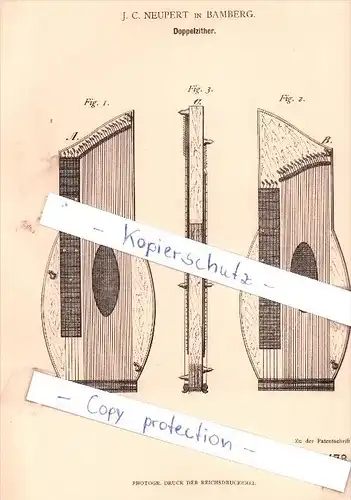 Original Patent - . C. Neupert in Bamberg , 1881 , Doppelzither , Zither  !!!