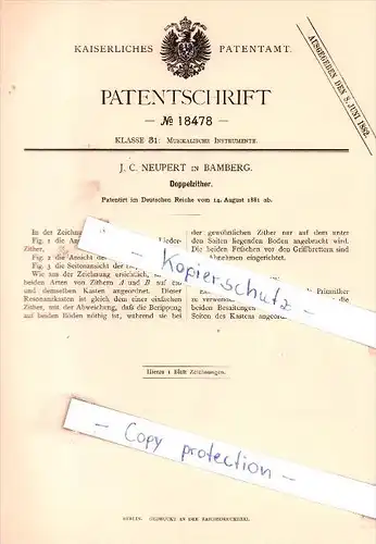 Original Patent - . C. Neupert in Bamberg , 1881 , Doppelzither , Zither  !!!