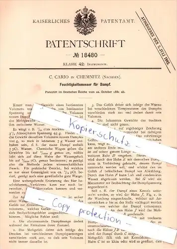 Original Patent - C. Cario in Chemnitz , Sachsen , 1881 , Feuchtigkeitsmesser für Dampf !!!