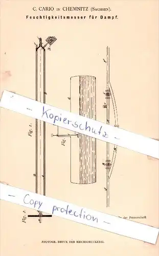 Original Patent - C. Cario in Chemnitz , Sachsen , 1881 , Feuchtigkeitsmesser für Dampf !!!