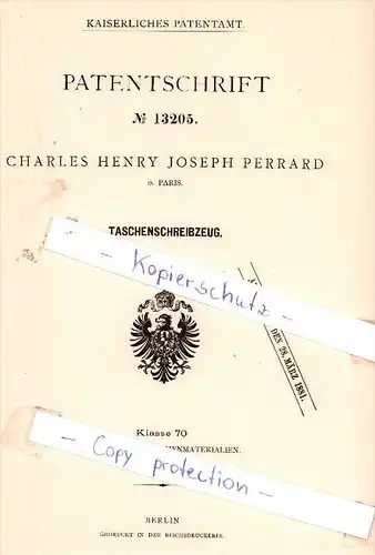 Original Patent - Charles Henry Joseph Perrard in Paris , 1880 , Taschenschreibzeug !!!