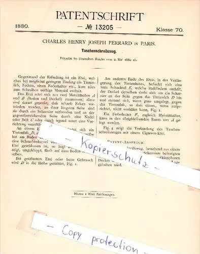 Original Patent - Charles Henry Joseph Perrard in Paris , 1880 , Taschenschreibzeug !!!