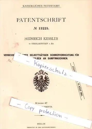 Original Patent -  H. Kessler in Oberlahnstein a. Rh. , 1880 , Schmiervorrichtung für Schieber !!!