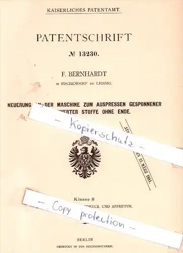 Original Patent - F. Bernhardt in Fischendorf bei Leisnig , 1880 , !!!
