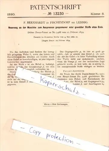 Original Patent - F. Bernhardt in Fischendorf bei Leisnig , 1880 , !!!