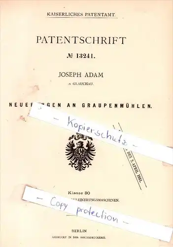 Original Patent - Joseph Adam in Glauchau , 1880 , Neuerungen an Graupenmühlen !!!