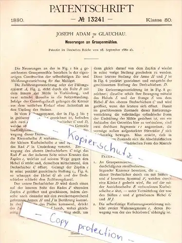 Original Patent - Joseph Adam in Glauchau , 1880 , Neuerungen an Graupenmühlen !!!