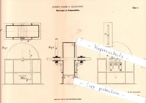 Original Patent - Joseph Adam in Glauchau , 1880 , Neuerungen an Graupenmühlen !!!