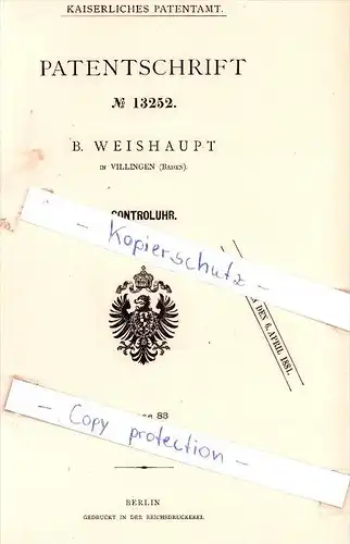Original Patent - B. Weishaupt in Villingen , Baden , 1880 , Controluhr !!!
