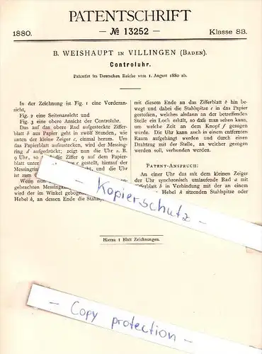 Original Patent - B. Weishaupt in Villingen , Baden , 1880 , Controluhr !!!