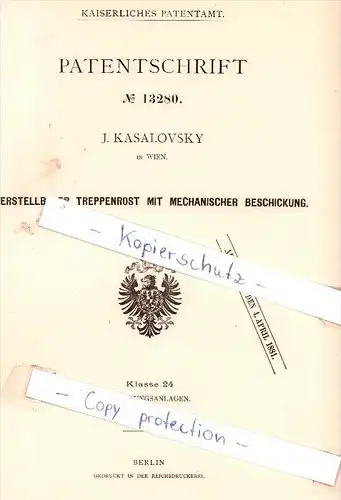 Original Patent - J. Kasalovsky in Wien , 1880 , Treppenrost mit Beschickung !!!