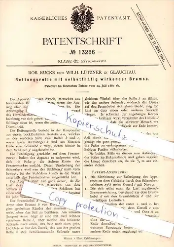 Original Patent - Rob. Rucks und Wilh. Lützner in Glauchau , 1880 , Rettungsrolle mit Bremse !!!