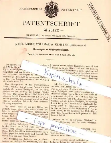 Original Patent - J. Pet. A. Vollmar in Kempten , Rheinhessen ,1882 , Filtrirvorrichtungen !!!