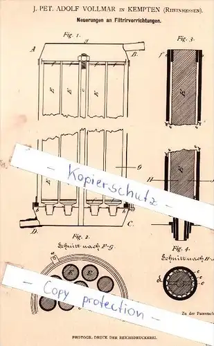 Original Patent - J. Pet. A. Vollmar in Kempten , Rheinhessen ,1882 , Filtrirvorrichtungen !!!