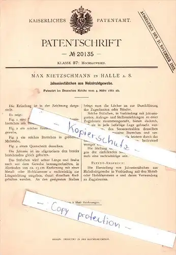 Original Patent - Max Nietzschmann in Halle a. S. , 1882 , Jalousiestäbchen aus Holzdrahrgewebe !!!