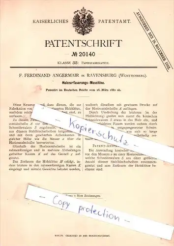 Original Patent - F. F. Angermair in Ravensburg , Württemberg , 1882 , Papierfabrikation !!!