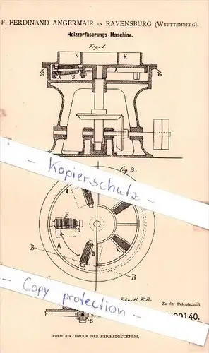Original Patent - F. F. Angermair in Ravensburg , Württemberg , 1882 , Papierfabrikation !!!