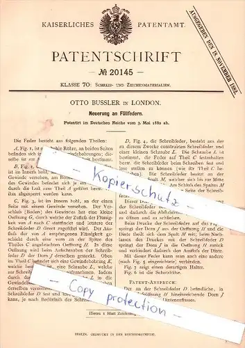 Original Patent - Otto Bussler in London , 1882 , Neuerung an Füllfedern , Federhalter , Füller !!!