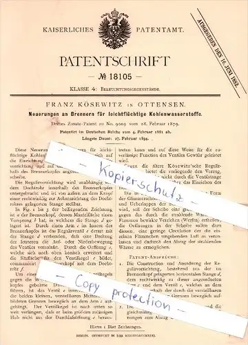 Original Patent - Franz Kösewitz in Ottensen b. Hamburg , 1881 ,  Brenner für Kohlenwasserstoffe !!!