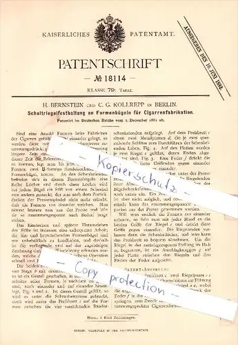Original Patent - H. Bernstein und C. F. Kollrepp in Berlin , 1881 , Tabak !!!