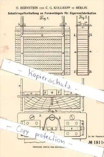 Original Patent - H. Bernstein und C. F. Kollrepp in Berlin , 1881 , Tabak !!!