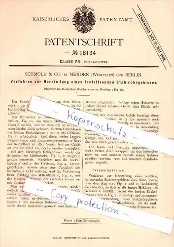 Original Patent - Schmöle & Co. in Menden , Westfalen und Berlin , 1881 , Stahlrohrgebisse !!!