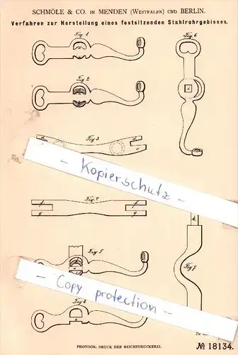 Original Patent - Schmöle & Co. in Menden , Westfalen und Berlin , 1881 , Stahlrohrgebisse !!!