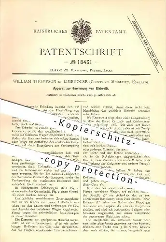 original Patent - William Thompson in Limehouse , County of Middlesex , England , 1881 , Gewinnung von Bleiweiss !!!