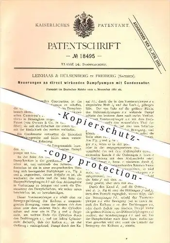 original Patent - Leinhaas & Hülsenberg in Freiberg , 1881 , Dampfpumpe mit Kondensator , Dampfmaschine , Pumpen !!!