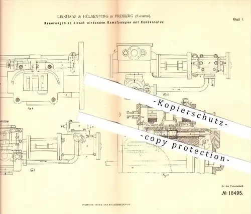 original Patent - Leinhaas & Hülsenberg in Freiberg , 1881 , Dampfpumpe mit Kondensator , Dampfmaschine , Pumpen !!!