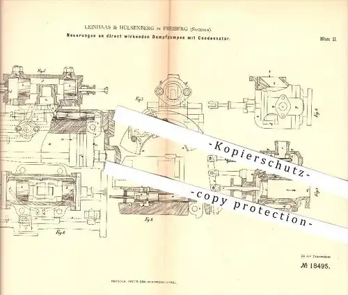 original Patent - Leinhaas & Hülsenberg in Freiberg , 1881 , Dampfpumpe mit Kondensator , Dampfmaschine , Pumpen !!!