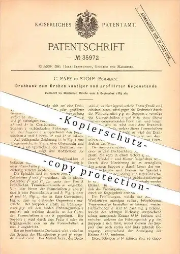 original Patent - C. Pape in Stolp , Pommern , Drehbank , Drehen , Dreher , Holzbearbeitung !!!