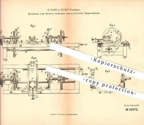 original Patent - C. Pape in Stolp , Pommern , Drehbank , Drehen , Dreher , Holzbearbeitung !!!