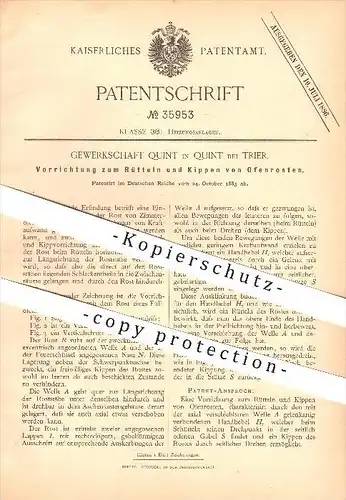 original Patent - Gewerkschaft Quint in Quint bei Trier , 1885 , Ofenrost , Rost , Ofen , Ofenbauer , Heizung !!!