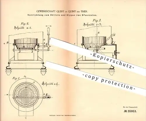 original Patent - Gewerkschaft Quint in Quint bei Trier , 1885 , Ofenrost , Rost , Ofen , Ofenbauer , Heizung !!!