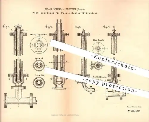original Patent - Adam Scheid in Bretten , 1885 , Ventile für Wasserpfosten , Hydrant , Wasserleitung !!!