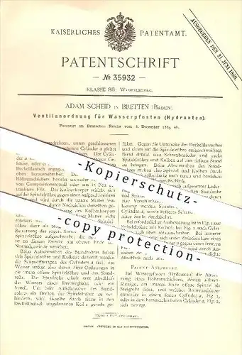original Patent - Adam Scheid in Bretten , 1885 , Ventile für Wasserpfosten , Hydrant , Wasserleitung !!!