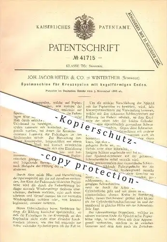 original Patent - Joh. Jacob Rieter & Co. in Winterthur , 1886 , Spulmaschine für Kreuzspulen , Spinnerei , Spinnen !!!