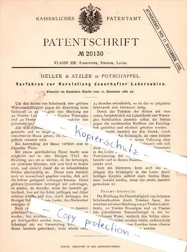 Original Patent - Heller & Atzler in Potschappel b. Freital , 1881 ,  Herstellung dauerhafter Ledrsohlen !!!