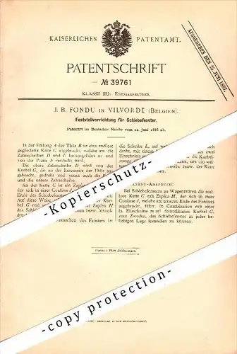 Original Patent - J.B. Fondu in Vilvorde , 1882 , Feststeller für Schiebefenster , Eisenbahn ,  Vilvoorde !!!